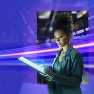 Women holding tablet banner