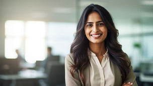 Successful indian businesswoman standing in creative office and looking at camera while smiling. Portrait of beautiful woman standing in front of business team at modern agency with copy space.