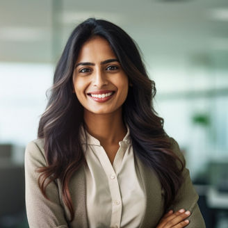 Successful indian businesswoman standing in creative office and looking at camera while smiling. Portrait of beautiful woman standing in front of business team at modern agency with copy space.