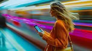 women in orange sweater using phone