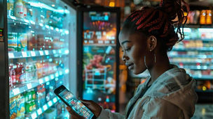 women looking at phone in store