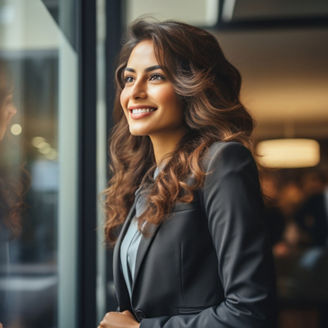 young and successful businesswoman smiling and standing near office window.