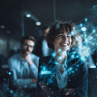 Women smiling infront of hologram