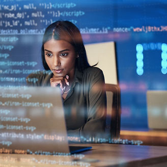 Laptop, code hologram and woman thinking of data analytics, information technology or software overlay at night. Computer and IT people solution with algorithm, statistics and cybersecurity research