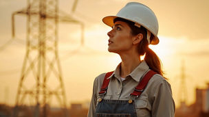 Worker in hard hat near power lines