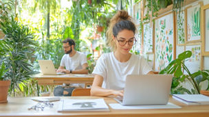 Young professionals working with laptops in a sunny, green, plant-filled office