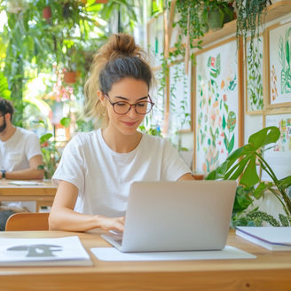 Young professionals working with laptops in a sunny, green, plant-filled office